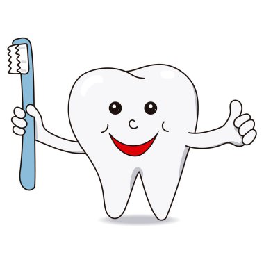 Diş fırçası tutan gülümseyen bir diş karikatürü. Vektör illüstrasyonu.