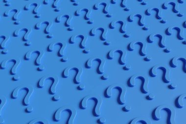 Mavi arka planda mavi soru işareti var. 3d illüstrasyon.