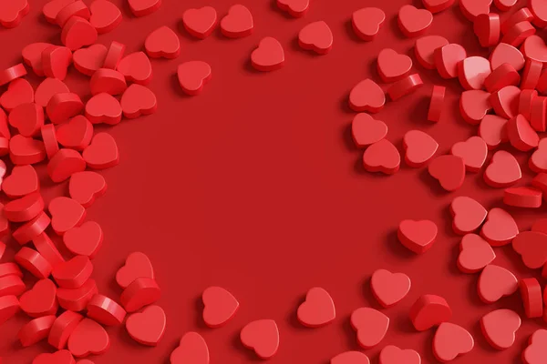 Красные Сердца Разбросаны Красном Фоне Иллюстрация — стоковое фото