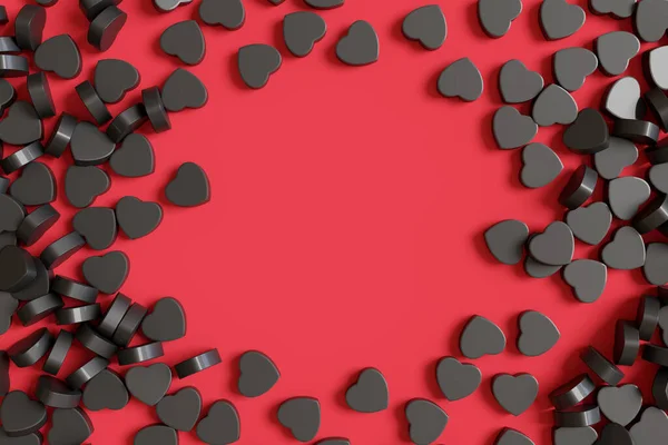 黒い心の赤い背景に散在する 3Dイラスト — ストック写真