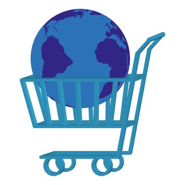 Dünya gezegenini taşıyan bir alışveriş arabası. E-ticaret konsepti. Vektör illüstrasyonu.