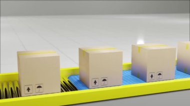 Karton kutular taşıma bandında ilerler. Döngüsel 3d canlandırma. 