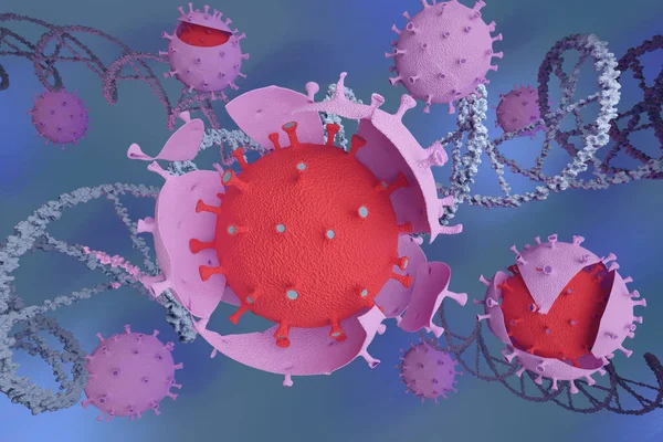 Covid 19 virüsü DNA iplikleri arasında yeni bir türe dönüşüyor. 3d illüstrasyon.
