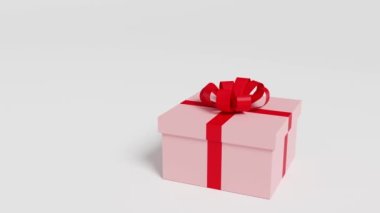 Kırmızı kalpler pembe bir hediye kutusundan kırmızı bir kurdele ile uçar. 3d canlandırma.