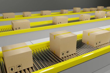 Karton kutular taşıma bandında ilerler. 3d illüstrasyon.