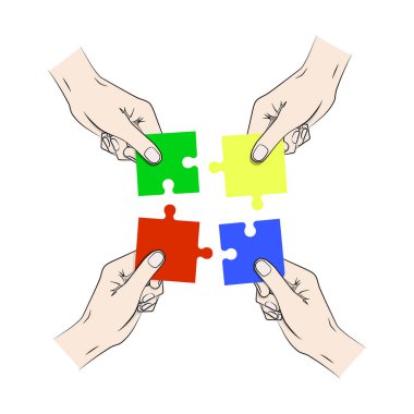 Dört el mavi, yeşil, kırmızı ve sarı bulmacayı birleştiriyor..