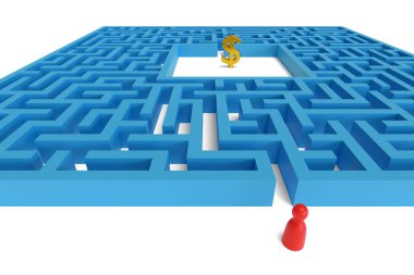 Ortasında dolar işareti olan bir labirentin girişindeki piyon. 3d illüstrasyon.