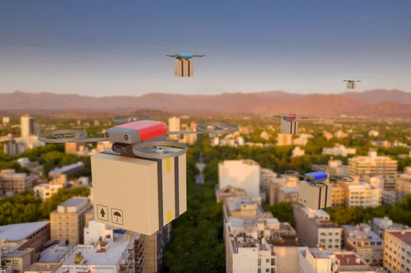 Several drones flying over a city with cardboard boxes. Drone delivery concept. 3d illustration.