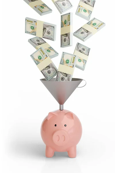 Beyaz arka planda izole edilmiş hunisi olan bir domuz kumbarasına yığınla dolar düşüyor. 3d illüstrasyon.