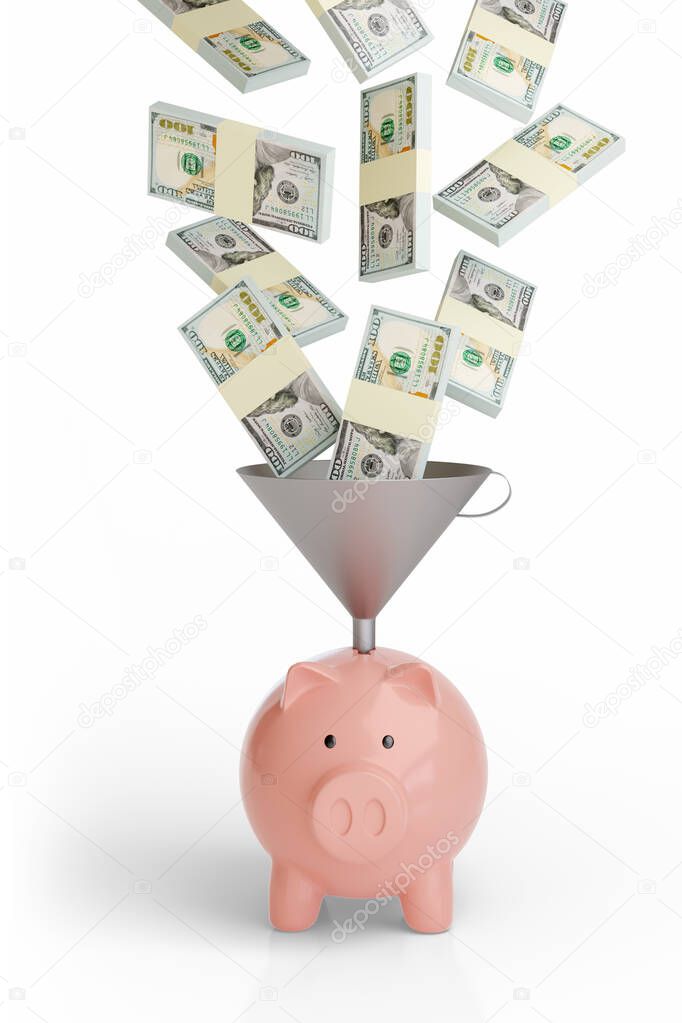 Wad of dollars falling into a piggy bank with a funnel isolated on white background. 3d illustration.