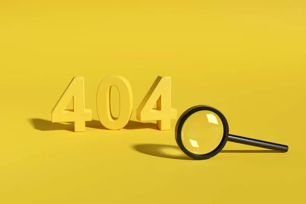 Error 404. Number 404 in three dimensions next to a security magnifying glass on a yellow background. 3d illustration.