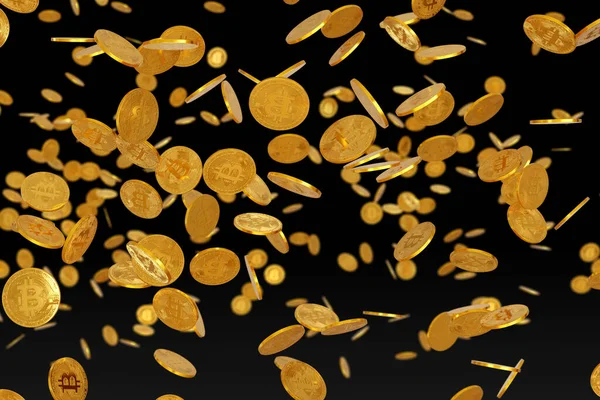 Rain Golden Bitcoins Black Background Illustration — Stock Photo, Image