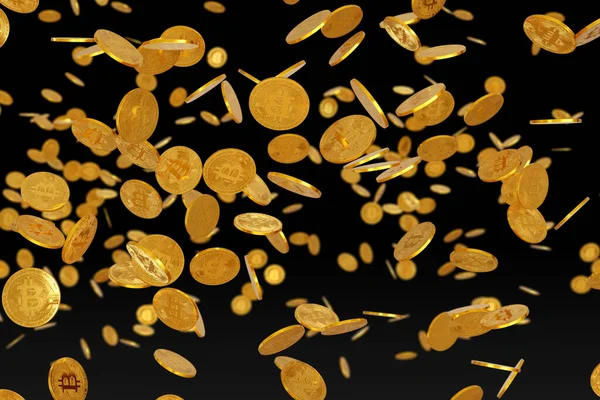 Siyah arka planda altın bitcoin yağmuru. 3d illüstrasyon.