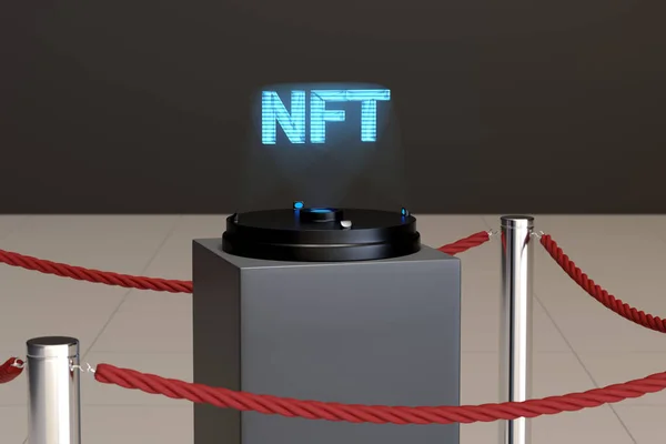 Müze odasında NFT metninin hologramı. 3d illüstrasyon.