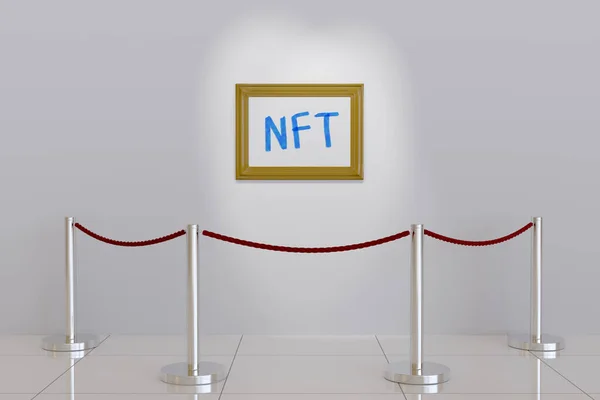Müzenin duvarında NTF yazılı bir resim. 3d illsutasyon.