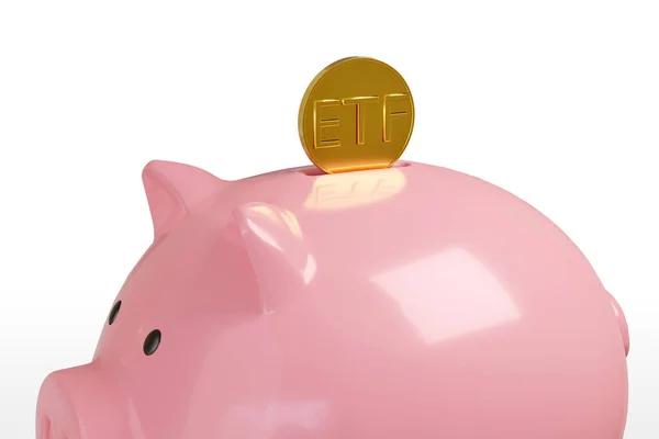 Etf というテキストのコインを持つ貯金箱の閉鎖 3Dイラスト — ストック写真