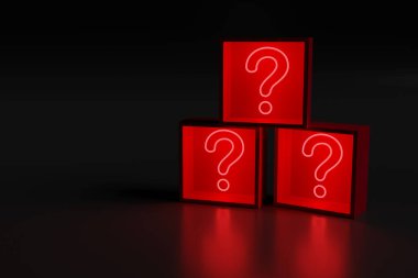 Kutularda soru işareti şeklinde kırmızı neon ışık. 3d illüstrasyon.