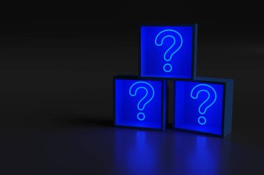 Kutularda soru işareti şeklinde mavi neon ışığı. 3d illüstrasyon.