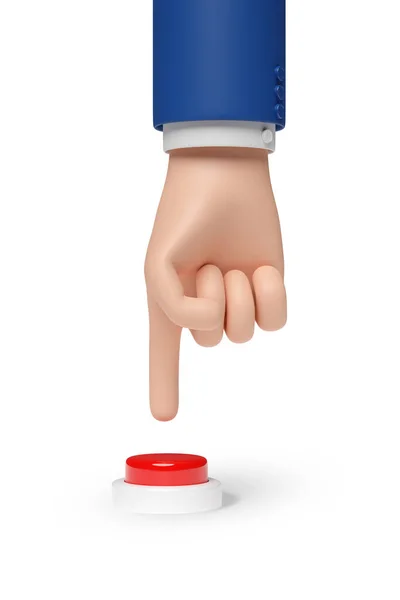 白い背景に孤立した赤いボタンを押す漫画の手 3Dイラスト — ストック写真