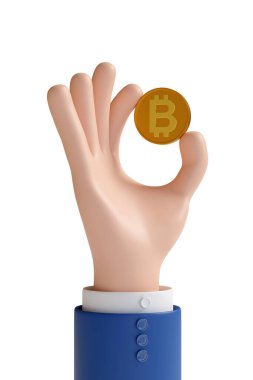 Beyaz arka planda izole edilmiş bir bitcoin tutan karikatür el. 3d illüstrasyon.