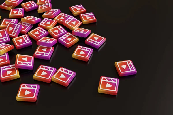 Birçok Instagram siyah arka planda logo sergiliyor. 3d illüstrasyon.
