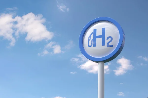 Mavi gökyüzü arkaplanlı hidrojen yakıt amblemi. 3d illüstrasyon.