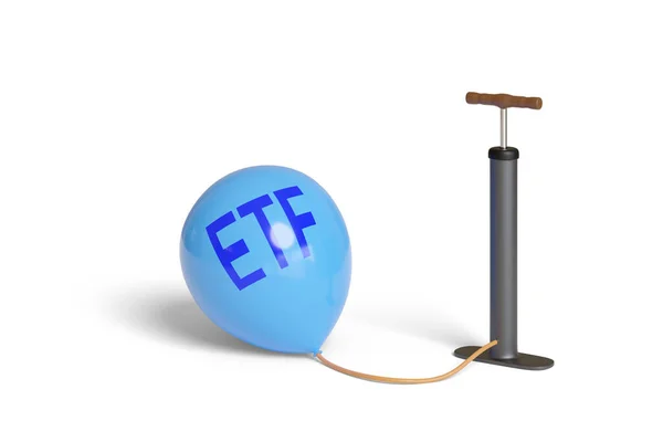 Beyaz arka planda izole edilmiş ETF metni olan bir balonu şişiren şişirici. 3d illüstrasyon.