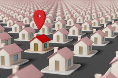 Map pointer over a house among many other houses. Selective focus. Real estate concept. 3d illustration.