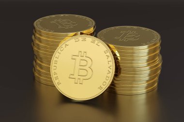 Stack of coins with the bitcoin symbol and the text 