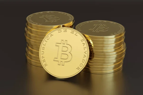 Stack of coins with the bitcoin symbol and the text 