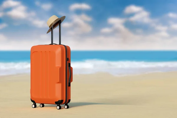 Suitcase Hat Beach Sea Background Copy Space Illustration — Stock Photo, Image