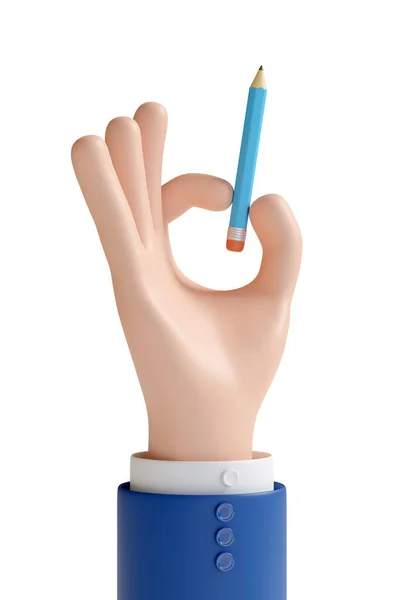Cartoon Hand Holding Pencil Isolated White Background Illustration — Stock Photo, Image