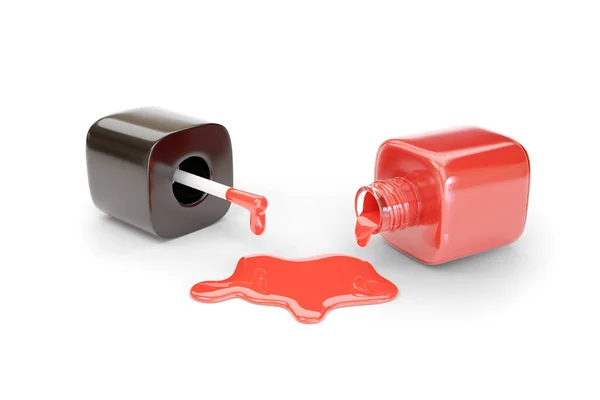溢出的红色指甲油瓶 白色背景隔离 3D说明 — 图库照片