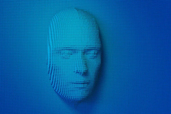 Human face made up of voxels. Artificial intelligence concept. 3d illustration.