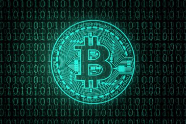 Yeşil Bitcoin ikili kodda. 3d illüstrasyon.