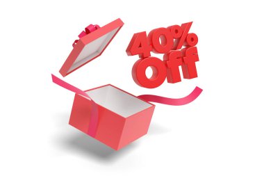 Beyaz arka planda izole edilmiş bir hediye kutusundan% 40 indirimli mesaj geliyor. 3d illüstrasyon.