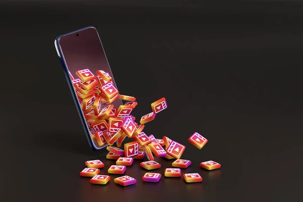 Buenos Aires, Arjantin - 4 Eylül 2021: Birçok Instagram siyah arkaplandaki bir cep telefonundan çıkan logoları gösteriyor. 3d illüstrasyon.