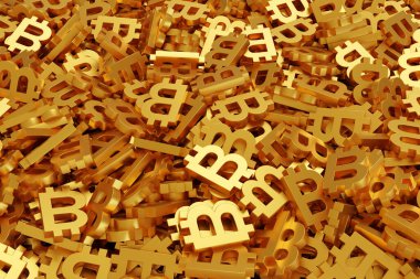 Altın bitcoin sembolleri arka plan. 3d illüstrasyon.