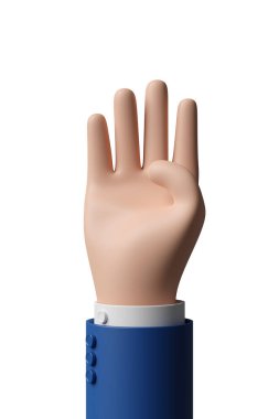 Çizgi filmdeki dört numaralı el beyaz arka planda izole edilmiş bir hareket yapıyor. 3d illüstrasyon.