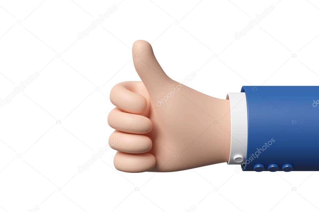 Cartoon hand making thumb up gesture isolated on white background. 3d illustration.