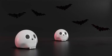 Cadılar Bayramı hala hayat. Kafatası ve yarasalar karanlık arka planda. 3d illüstrasyon.