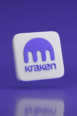 Buenos Aires, Arjantin; 28 Ocak 2026: Mor arka planda üç boyutlu Kraken logosu. 3d illüstrasyon.