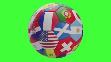 2026 dünya şampiyonası bayraklarıyla yeşil ekranda dönen futbol topu. 3d canlandırma.