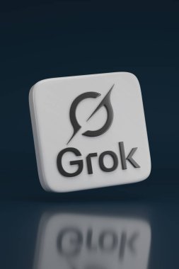 Buenos Aires, Arjantin; 23 Şubat 2026: Grok logosu koyu arka planda izole edildi. 3d illüstrasyon.