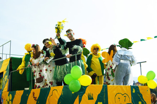 Montenegro, Herceg Novi - 01/30/2016: Artists in carnival wagon