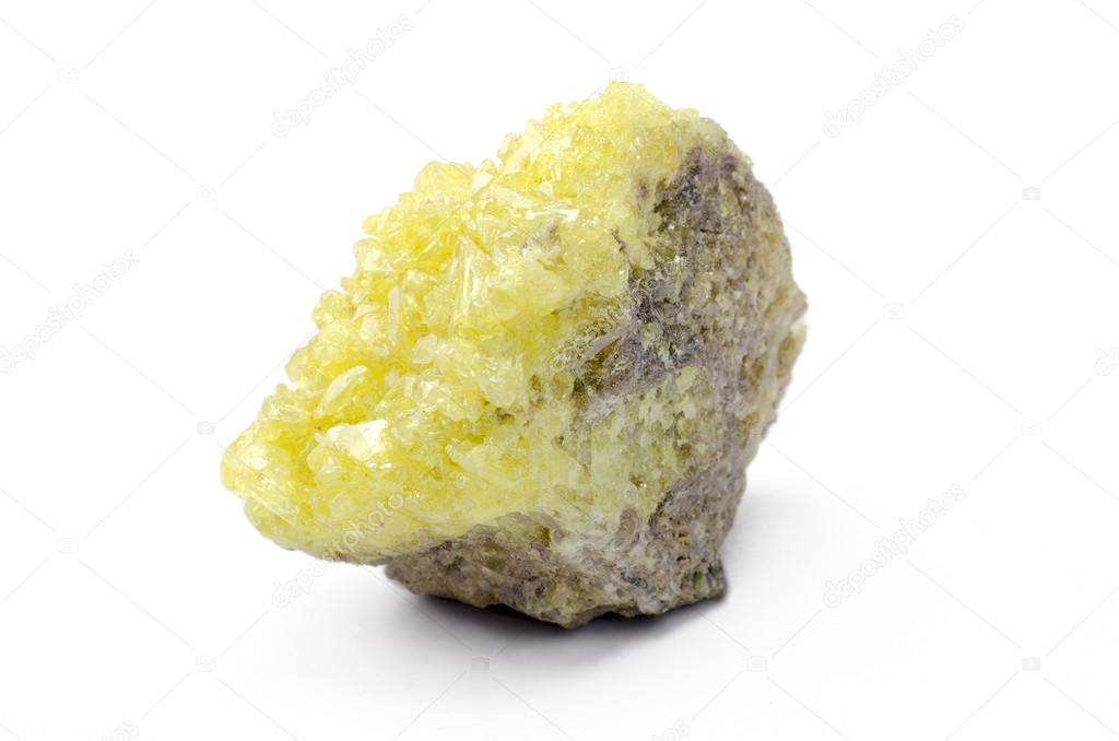 Sulphur crystals on white background