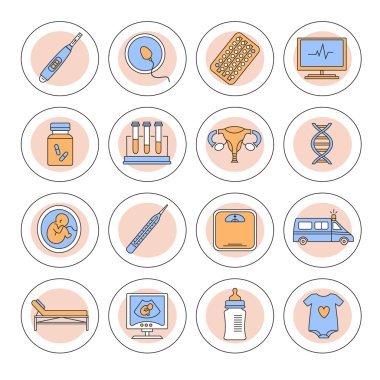 Gebelik, kadın hastalıkları, doğum ve annelik Icons set hattı