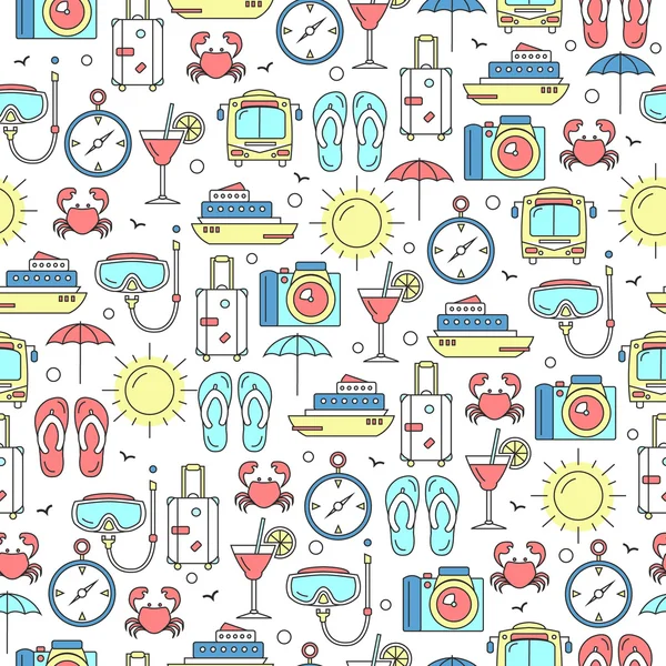 Tourism, hotel and travel seamless pattern in color flat line style — Stock Vector