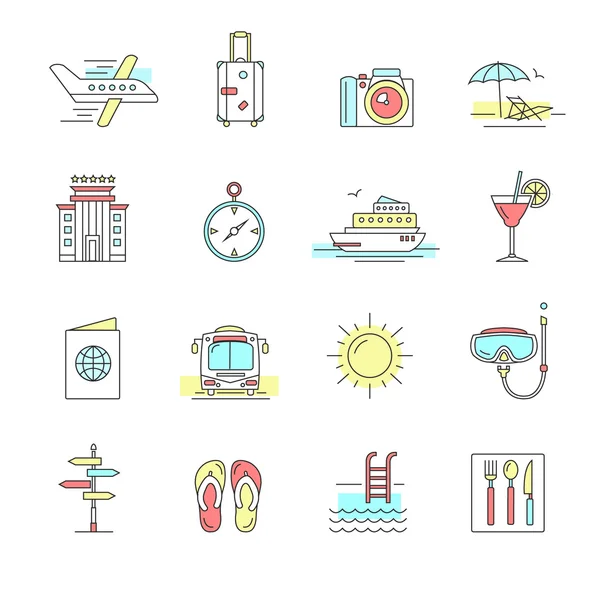 Icono de turismo, hotel y viaje ambientado en estilo de línea plana — Vector de stock