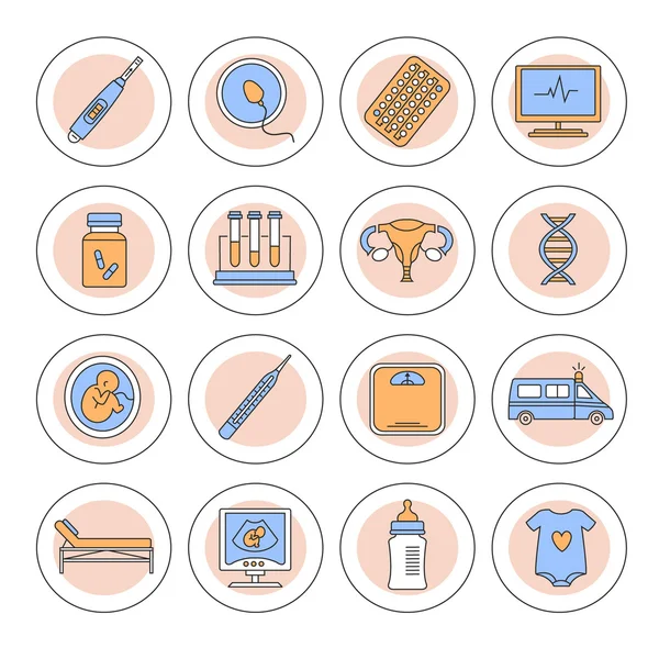 Conjunto de iconos de línea de embarazo, ginecología, parto y maternidad — Vector de stock